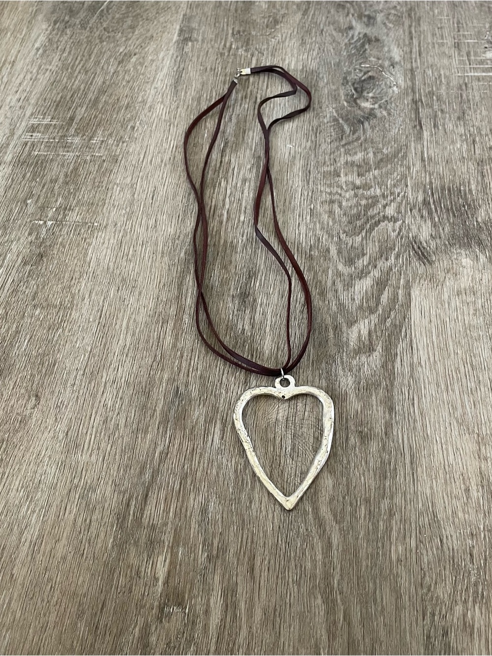 Women’s Burgundy Faux Leather Cord Necklace Large Silver Tone Open Heart